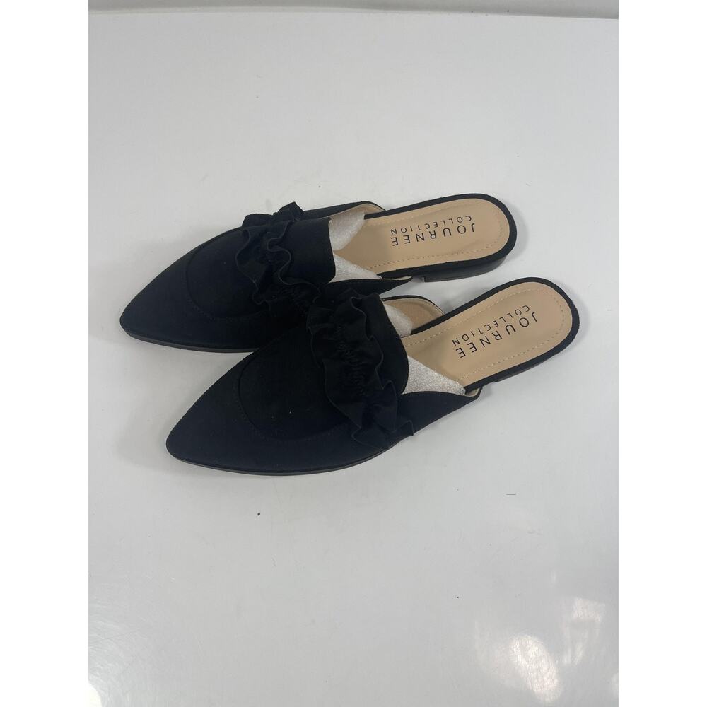 Journee Collection Kessie Shoes Womens Size 7.5 Black Ruffle Pointed Toe Mules - Picture 2 of 9